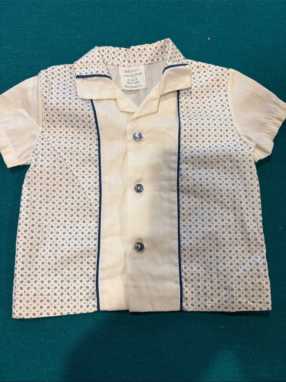 Penney’s Size 0 Vintage 2 Piece Cream and Navy Printed Baby Shirt Set